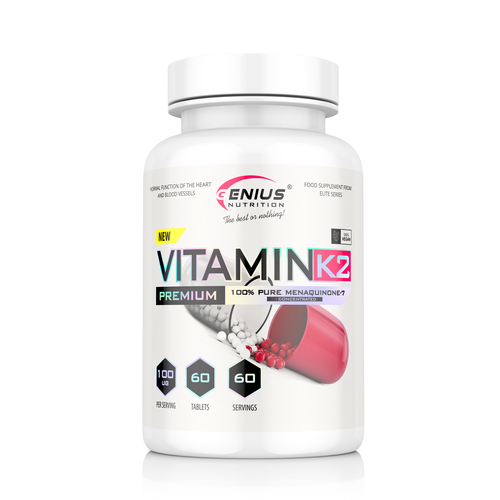VITAMIN K2 60tabs 60serv Genius Nutrition - Supplement that protects the cardiovascular system by preventing artery calcification and supporting bone density.