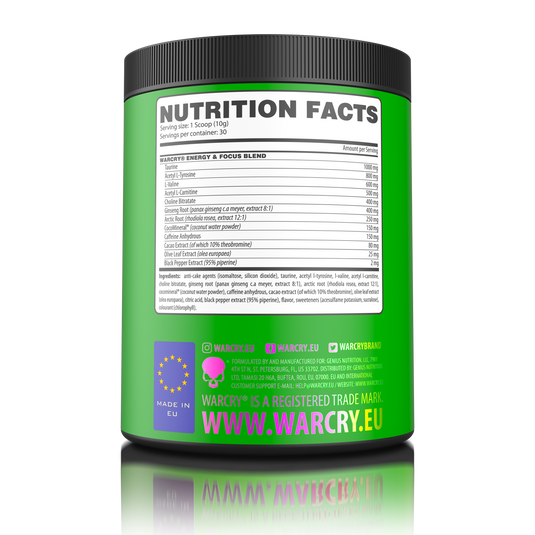 WARCRY ENERGY 300g 30serv Genius Nutrition Green Apple - Pre-workout supplement for energy and focus with electrolytes from coconut water for balanced hydration during workouts.