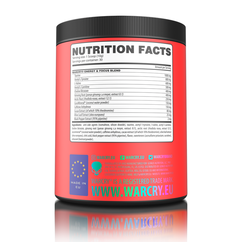 Load image into Gallery viewer, WARCRY ENERGY 300g 30serv Genius Nutrition Sour Watermelon - Pre-workout supplement for energy and focus with electrolytes from coconut water for balanced hydration during workouts.
