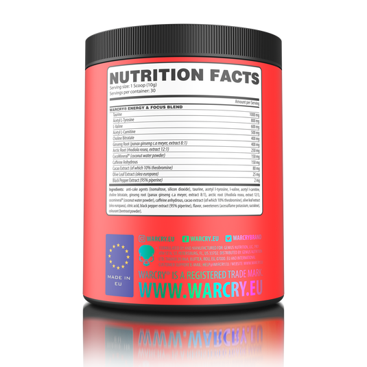 WARCRY ENERGY 300g 30serv Genius Nutrition Sour Watermelon - Pre-workout supplement for energy and focus with electrolytes from coconut water for balanced hydration during workouts.