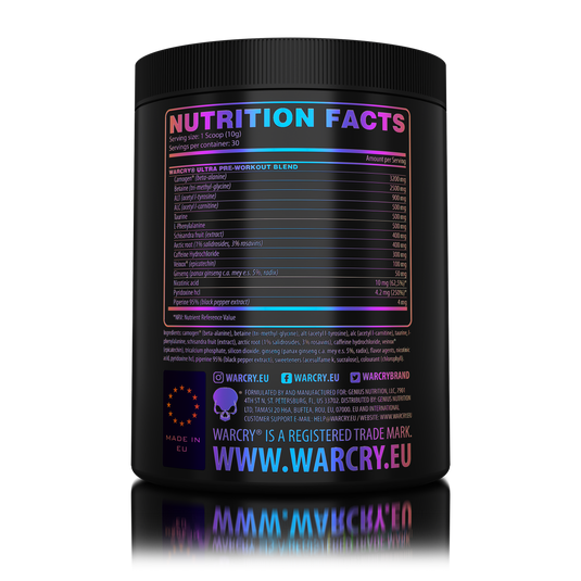 WARCRY ULTRA 300g 30serv Genius Nutrition Candy Fruits - Performance focused pre-workout supplement designed to increase energy, sustain endurance, promote muscle fullness, and improve mental focus during training.