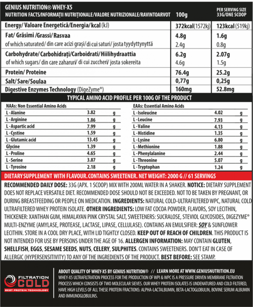 Load image into Gallery viewer, WHEY-X5® 2000g/61serv Genius Nutrition - Protein blend of whey isolate and concentrate, ideal for lean muscle growth and recovery, enriched with digestive enzymes for enhanced absorption.
