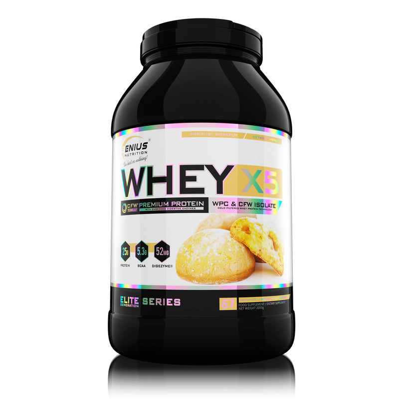 Load image into Gallery viewer, WHEY-X5® 2000g/61serv Genius Nutrition Biscotti Cookies - Protein blend of whey isolate and concentrate, ideal for lean muscle growth and recovery, enriched with digestive enzymes for enhanced absorption.
