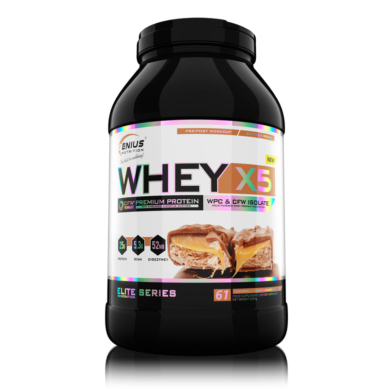 Load image into Gallery viewer, WHEY-X5® 2000g/61serv Genius Nutrition Choco-Caramel - Protein blend of whey isolate and concentrate, ideal for lean muscle growth and recovery, enriched with digestive enzymes for enhanced absorption.
