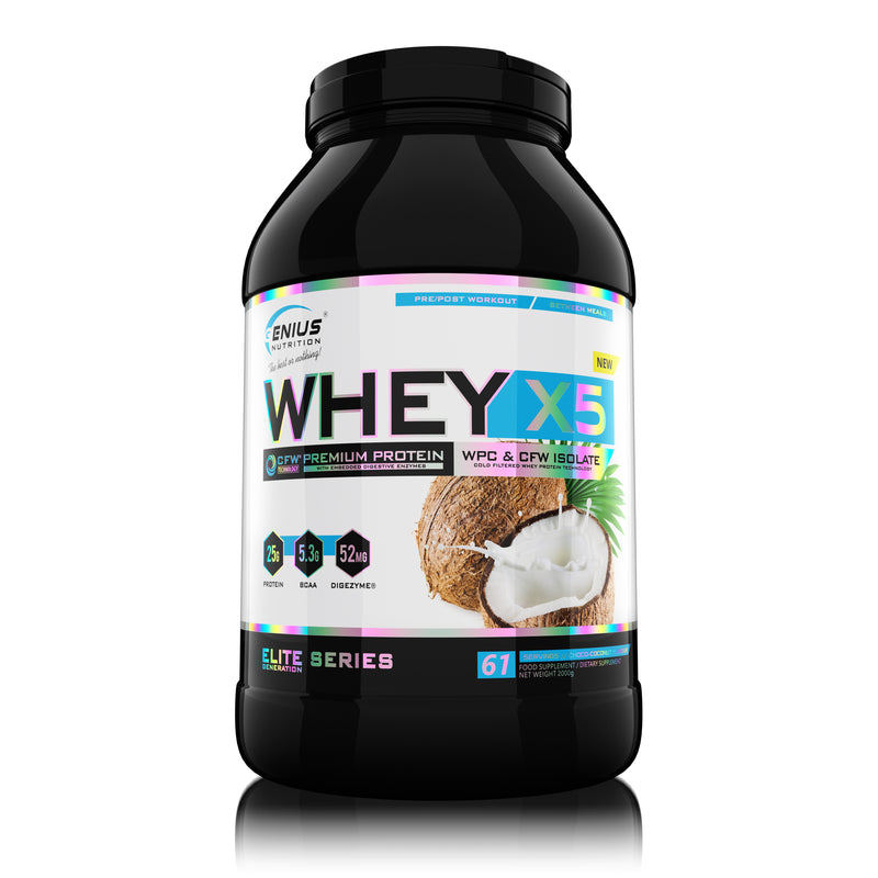 Load image into Gallery viewer, WHEY-X5® 2000g/61serv Genius Nutrition Choco-Coconut - Protein blend of whey isolate and concentrate, ideal for lean muscle growth and recovery, enriched with digestive enzymes for enhanced absorption.
