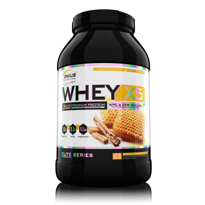 Load image into Gallery viewer, WHEY-X5® 2000g/61serv Genius Nutrition Vanilla-Honey - Protein blend of whey isolate and concentrate, ideal for lean muscle growth and recovery, enriched with digestive enzymes for enhanced absorption.
