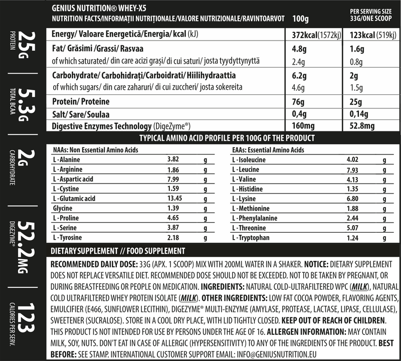 Load image into Gallery viewer, WHEY-X5® 33g/1 serv Genius Nutrition Bueno Chocolate - Protein blend of whey isolate and concentrate, ideal for lean muscle growth and recovery, enriched with digestive enzymes for enhanced absorption.
