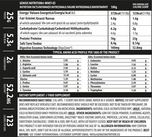 WHEY-X5® 33g/1 serv Genius Nutrition Bueno Chocolate - Protein blend of whey isolate and concentrate, ideal for lean muscle growth and recovery, enriched with digestive enzymes for enhanced absorption.