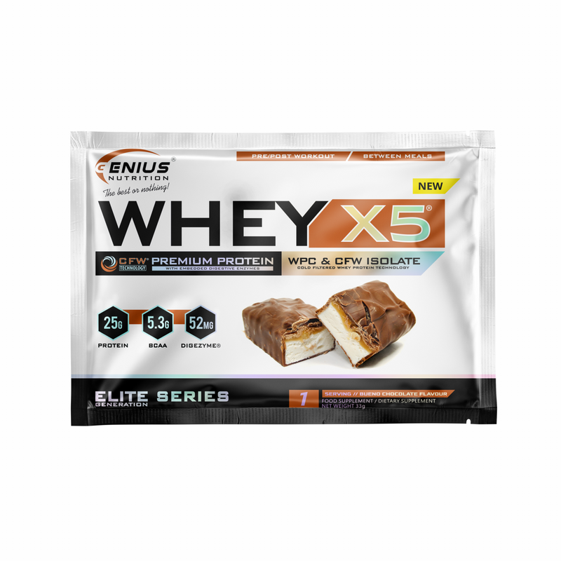Load image into Gallery viewer, WHEY-X5® 33g/1 serv Genius Nutrition Bueno Chocolate - Protein blend of whey isolate and concentrate, ideal for lean muscle growth and recovery, enriched with digestive enzymes for enhanced absorption.

