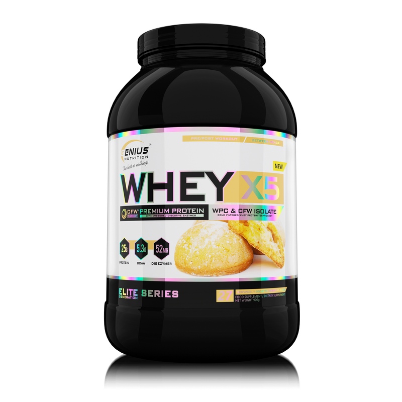 Load image into Gallery viewer, WHEY-X5® 900g/27serv Genius Nutrition Biscotti Cookies - Protein blend of whey isolate and concentrate, ideal for lean muscle growth and recovery, enriched with digestive enzymes for enhanced absorption.
