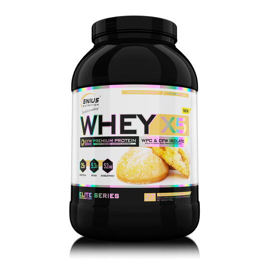 WHEY-X5® 900g/27serv Genius Nutrition Biscotti Cookies - Protein blend of whey isolate and concentrate, ideal for lean muscle growth and recovery, enriched with digestive enzymes for enhanced absorption.