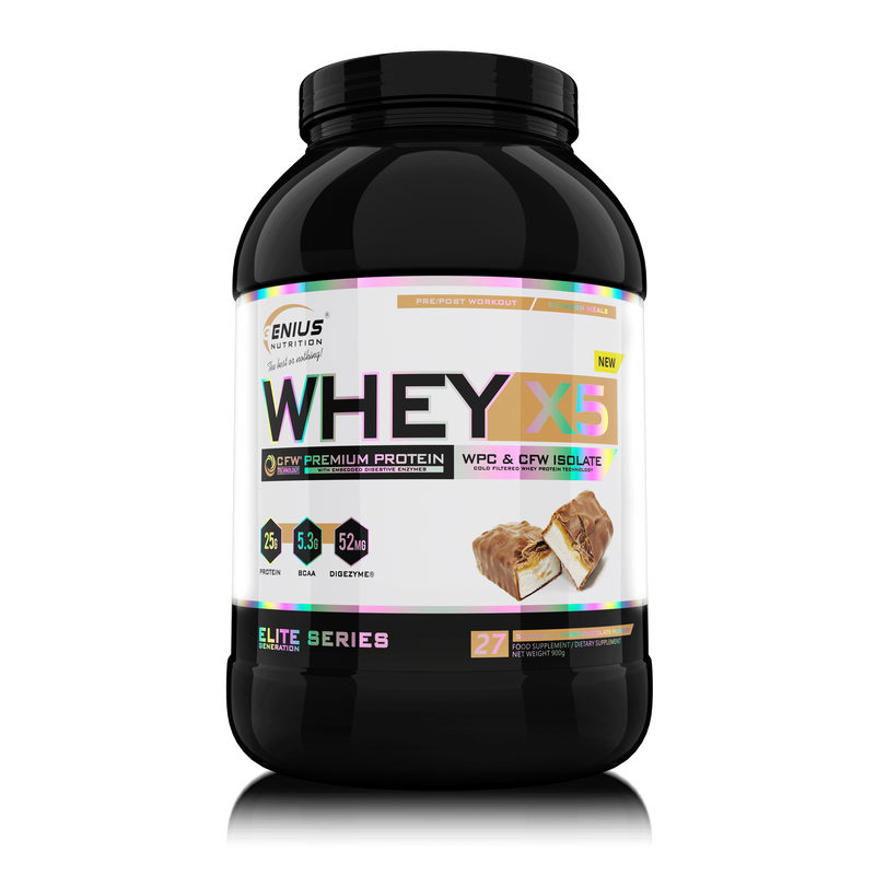 Load image into Gallery viewer, WHEY-X5® 900g/27serv Genius Nutrition Bueno-Chocolate - Protein blend of whey isolate and concentrate, ideal for lean muscle growth and recovery, enriched with digestive enzymes for enhanced absorption.
