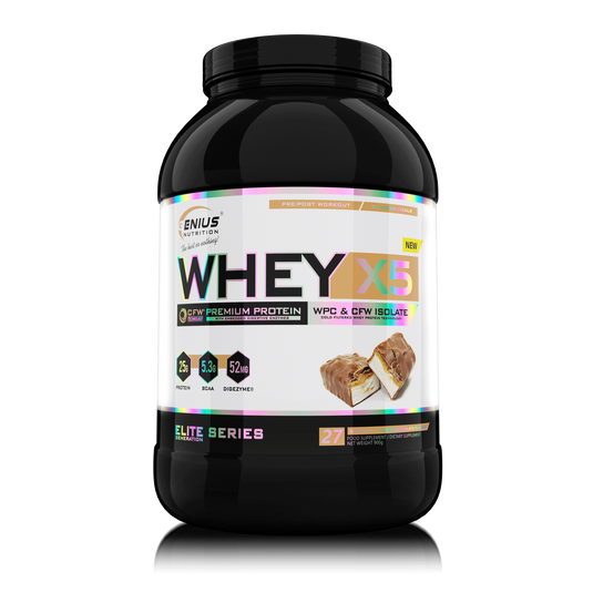 WHEY-X5® 900g/27serv Genius Nutrition Bueno-Chocolate - Protein blend of whey isolate and concentrate, ideal for lean muscle growth and recovery, enriched with digestive enzymes for enhanced absorption.