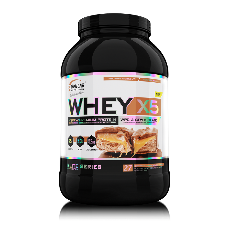 Load image into Gallery viewer, WHEY-X5® 900g/27serv Genius Nutrition Choco-Caramel - Protein blend of whey isolate and concentrate, ideal for lean muscle growth and recovery, enriched with digestive enzymes for enhanced absorption.
