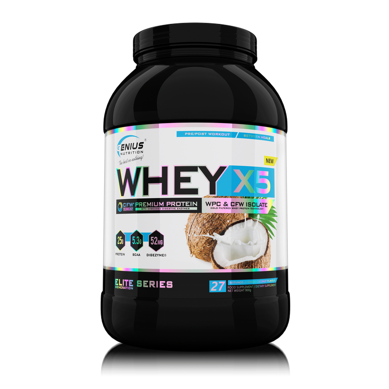 Load image into Gallery viewer, WHEY-X5® 900g/27serv Genius Nutrition Choco-Coconut - Protein blend of whey isolate and concentrate, ideal for lean muscle growth and recovery, enriched with digestive enzymes for enhanced absorption.
