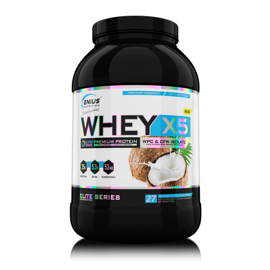 WHEY-X5® 900g/27serv Genius Nutrition Choco-Coconut - Protein blend of whey isolate and concentrate, ideal for lean muscle growth and recovery, enriched with digestive enzymes for enhanced absorption.