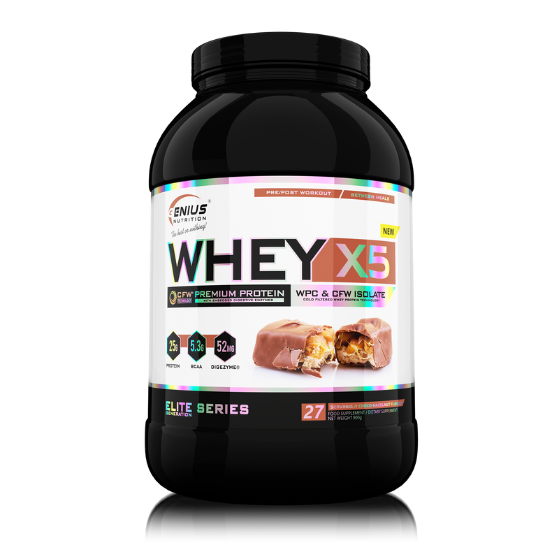 Load image into Gallery viewer, WHEY-X5® 900g/27serv Genius Nutrition Choco-Hazelnut - Protein blend of whey isolate and concentrate, ideal for lean muscle growth and recovery, enriched with digestive enzymes for enhanced absorption.
