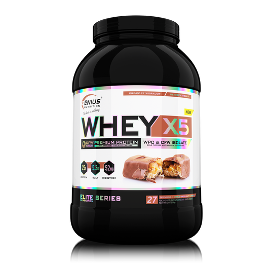 WHEY-X5® 900g/27serv Genius Nutrition Choco-Hazelnut - Protein blend of whey isolate and concentrate, ideal for lean muscle growth and recovery, enriched with digestive enzymes for enhanced absorption.