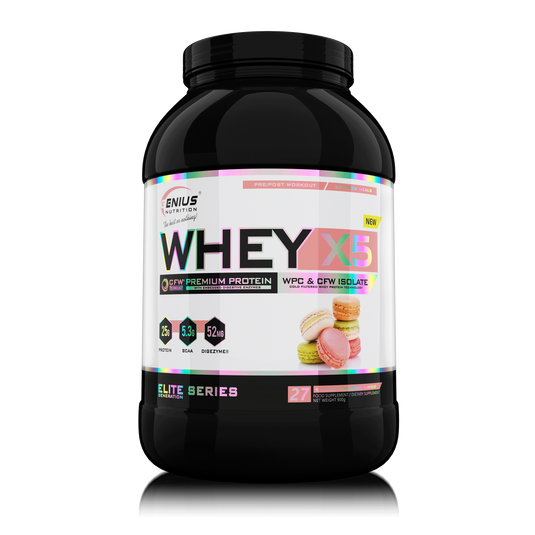 WHEY-X5® 900g/27serv Genius Nutrition Macarons - Protein blend of whey isolate and concentrate, ideal for lean muscle growth and recovery, enriched with digestive enzymes for enhanced absorption.