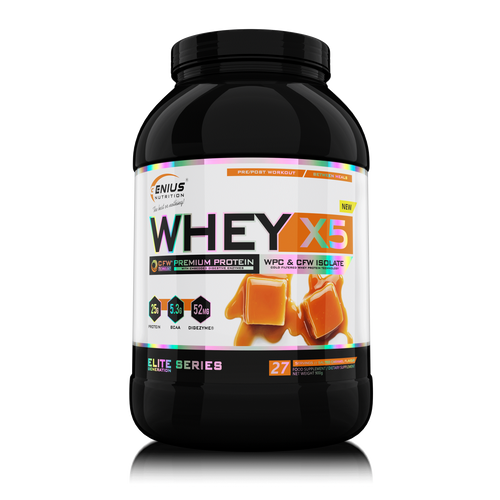 WHEY-X5® 900g/27serv Genius Nutrition Salted Caramel - Protein blend of whey isolate and concentrate, ideal for lean muscle growth and recovery, enriched with digestive enzymes for enhanced absorption.