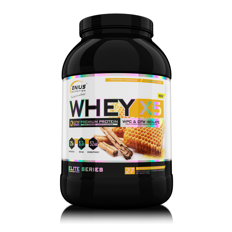 Load image into Gallery viewer, WHEY-X5® 900g/27serv Genius Nutrition Vanilla-Honey - Protein blend of whey isolate and concentrate, ideal for lean muscle growth and recovery, enriched with digestive enzymes for enhanced absorption.
