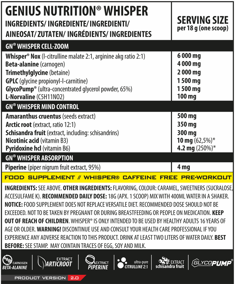 Load image into Gallery viewer, WHISPER 18g 1serv Genius Nutrition Cola - Stiim-free pre-workout that supports intense pumps, muscle fullnes, and clear focus, designed to avoid sleep interference or jitteriness.
