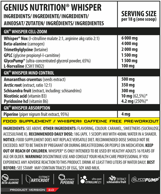 WHISPER 18g 1serv Genius Nutrition Cola - Stiim-free pre-workout that supports intense pumps, muscle fullnes, and clear focus, designed to avoid sleep interference or jitteriness.