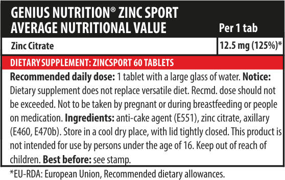 Load image into Gallery viewer, ZINC SPORT 60tabs 60serv Genius Nutrition - Zinc supplement that supports the immune system, promotes skin health, and helps maintain normal testosterone levels and protein metabolism.
