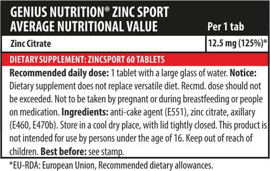 ZINC SPORT 60tabs 60serv Genius Nutrition - Zinc supplement that supports the immune system, promotes skin health, and helps maintain normal testosterone levels and protein metabolism.