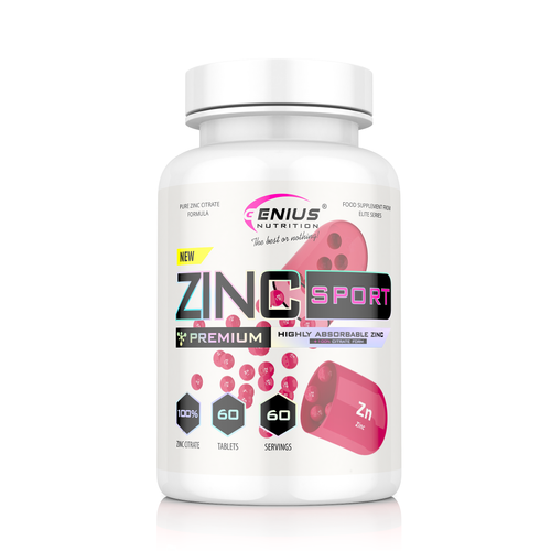 ZINC SPORT 60tabs 60serv Genius Nutrition - Zinc supplement that supports the immune system, promotes skin health, and helps maintain normal testosterone levels and protein metabolism.