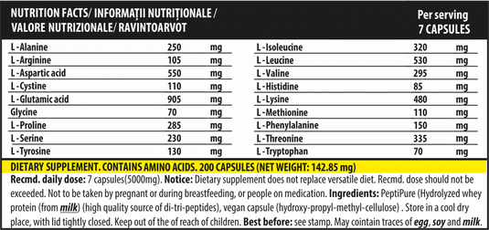 iAMINO 200caps 28serv Genius Nutrition – Supplement with essential amino acids from WPI (PeptiPure) with rapid absorption for muscle growth and recovery.