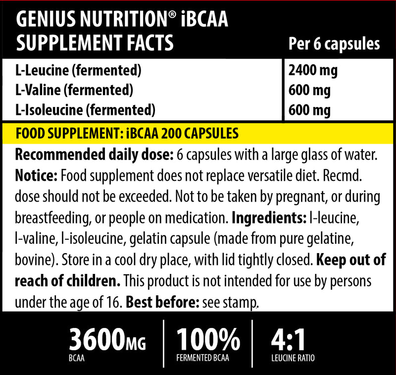 Load image into Gallery viewer, iBCAA 200caps 33serv Genius Nutrition – BCAA supplement naturally fermented from algae for muscle recovery and growth.
