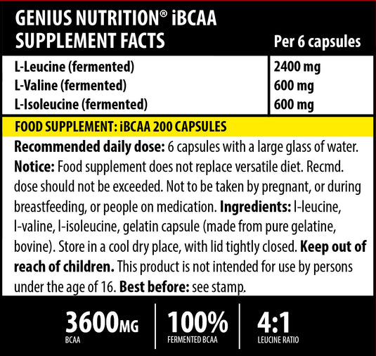 iBCAA 200caps 33serv Genius Nutrition – BCAA supplement naturally fermented from algae for muscle recovery and growth.