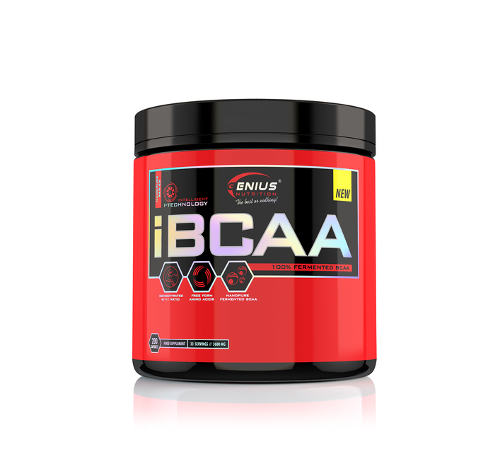 iBCAA 200caps 33serv Genius Nutrition – BCAA supplement naturally fermented from algae for muscle recovery and growth.