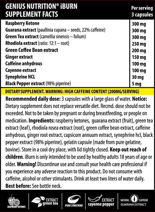 iBURN 90caps 30serv Genius Nutrition - Supplement for fat burning, metabolism acceleration and energy boost with increased absorption (98% piperine).
