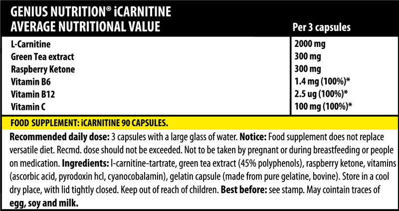Load image into Gallery viewer, iCARNITINE 90caps 30serv Genius Nutrition - Fat burning supplement that supports blood sugar maintenance and energy boost with l-carnitine and raspberry ketone.

