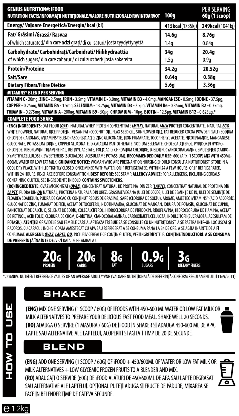 Load image into Gallery viewer, iFOOD 1200g 20meals Genius Nutrition Triple Chocolate - Low calorie meal replacement supplement high in protein  with added vitamins and minerals.
