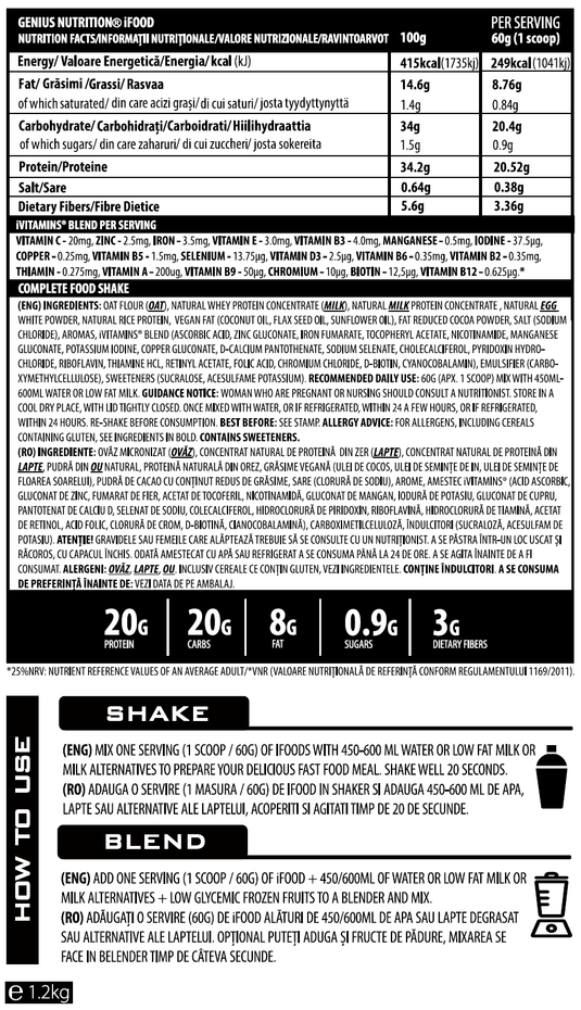 iFOOD 1200g 20meals Genius Nutrition Triple Chocolate - Low calorie meal replacement supplement high in protein  with added vitamins and minerals.
