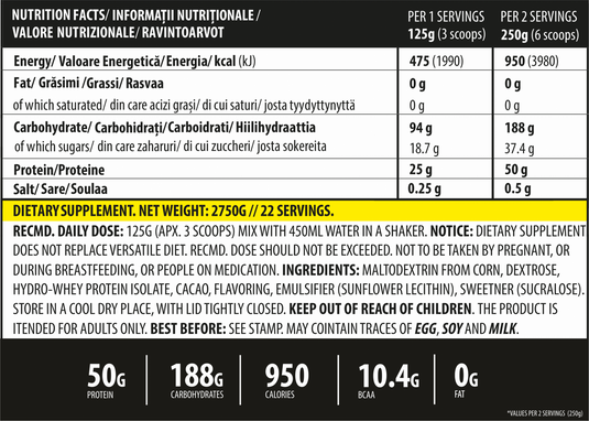 iGAIN 2750g 22serv Genius Nutrition - High calorie gainer supplement with hydrolyzed whey protein (WPH) and fast-absorbing carbs for muscle recovery and growth.