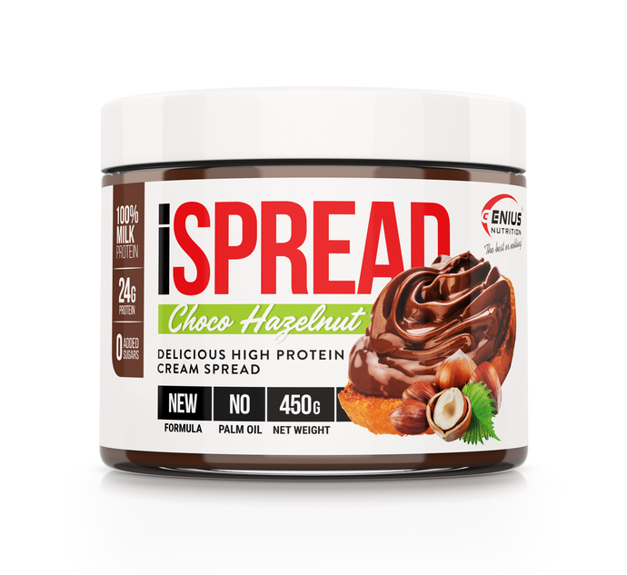 iSpread 450g Genius Nutrition Chocolate Hazelnut - Delicious cocoa and hazelnut spread with natural milk proteins, no added sugar, and no palm oil.