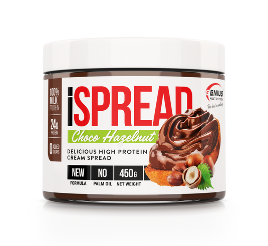 iSpread 450g Genius Nutrition Chocolate Hazelnut - Delicious cocoa and hazelnut spread with natural milk proteins, no added sugar, and no palm oil.