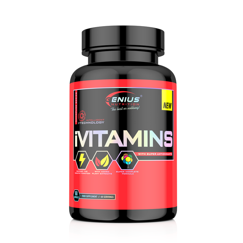 Load image into Gallery viewer, iVITAMINS 60serv Genius Nutrition - Multivitamin supplement formula featuring 12 essential vitamins, 9 minerals and 12 herbal ingredients to support overall health. 
