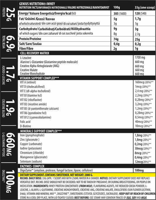 iWHEY 2000g 61serv Genius Nutrition - Whey protein concentrate (WPC) with added DigeZyme®, essential vitamins, minerals and creatine designed to aid in recovery and promote lean muscle growth.