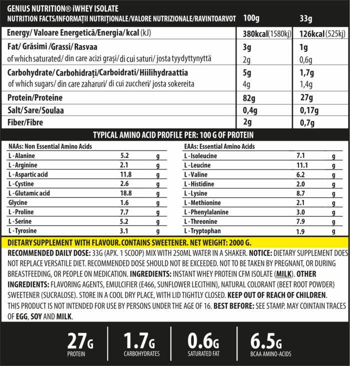 Load image into Gallery viewer, iWHEY ISOLATE 2000g 61serv Genius Nutrition - Whey protein isolate (WPI) with no added sugar for recovery and lean muscle growth obtained through CFW® filtration.
