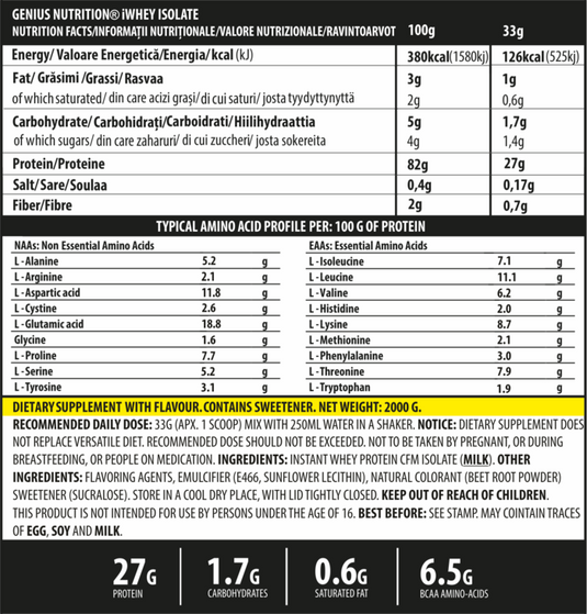 iWHEY ISOLATE 2000g 61serv Genius Nutrition - Whey protein isolate (WPI) with no added sugar for recovery and lean muscle growth obtained through CFW® filtration.