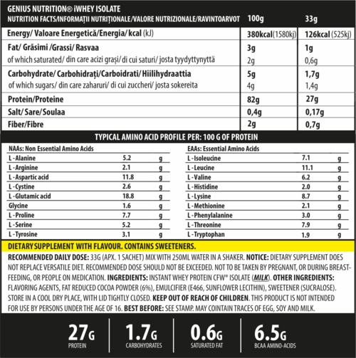 Load image into Gallery viewer, iWHEY ISOLATE 33g 1serv Genius Nutrition - Whey protein isolate (WPI) with no added sugar for recovery and lean muscle growth obtained through CFW® filtration.
