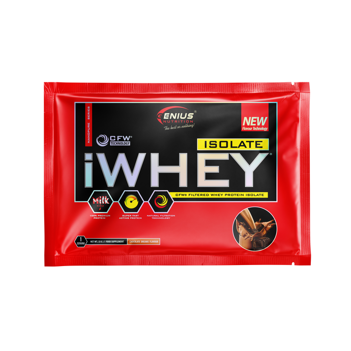 iWHEY ISOLATE 33g 1serv Genius Nutrition Chocolate Dreams - Whey protein isolate (WPI) with no added sugar for recovery and lean muscle growth obtained through CFW® filtration.