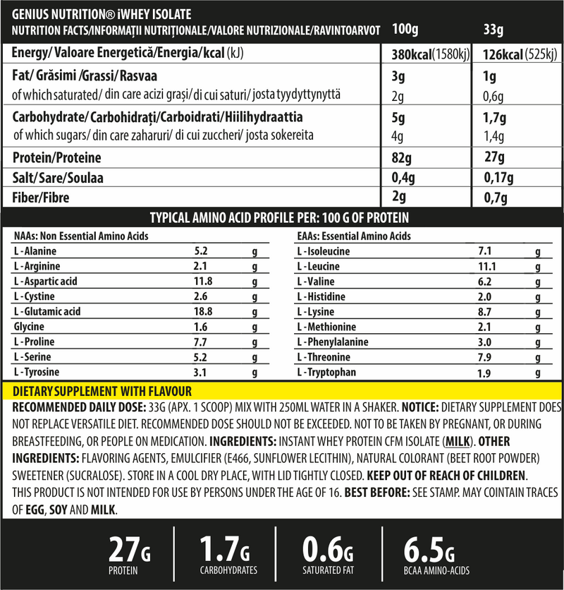 Load image into Gallery viewer, iWHEY ISOLATE 900g 27serv Genius Nutrition - Whey protein isolate (WPI) with no added sugar ideal for recovery and lean muscle growth obtained through CFW® filtration.
